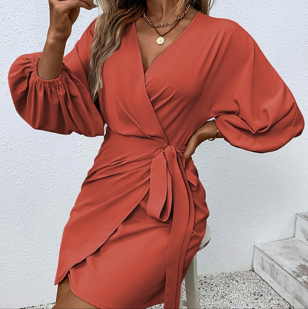 Surplice Neck Knot Wrap Dress - Picture 2 of 4